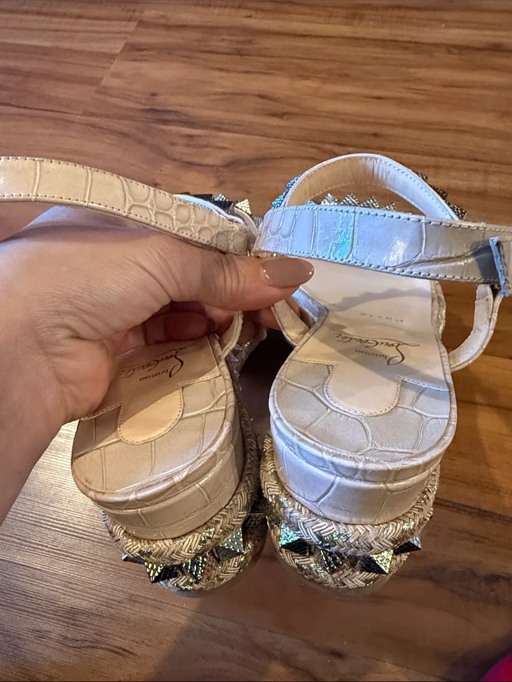 Christian Louboutin Beige Embellished Pyramid-Stud Platform Sandal size 40